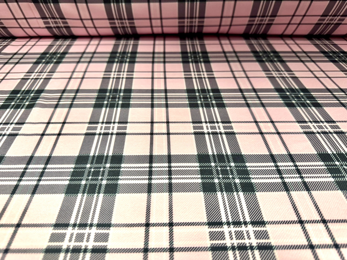 Scuba stretch spandex double jersey dress fabric, per metre - tartan check print - grey & pink
