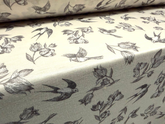 Soft handle single jersey fabric, per metre - swallows and flowers print - cream & grey