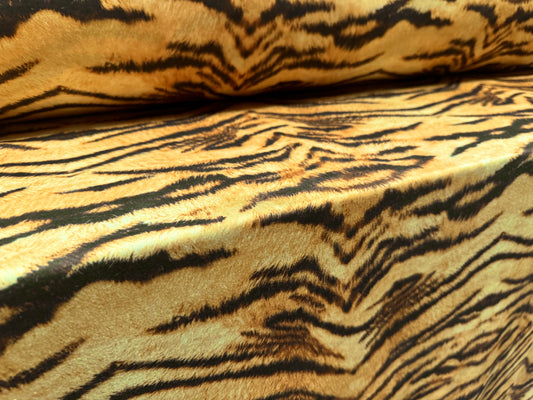 Stretch spandex interlock jersey fabric, per metre - tiger animal print - gold
