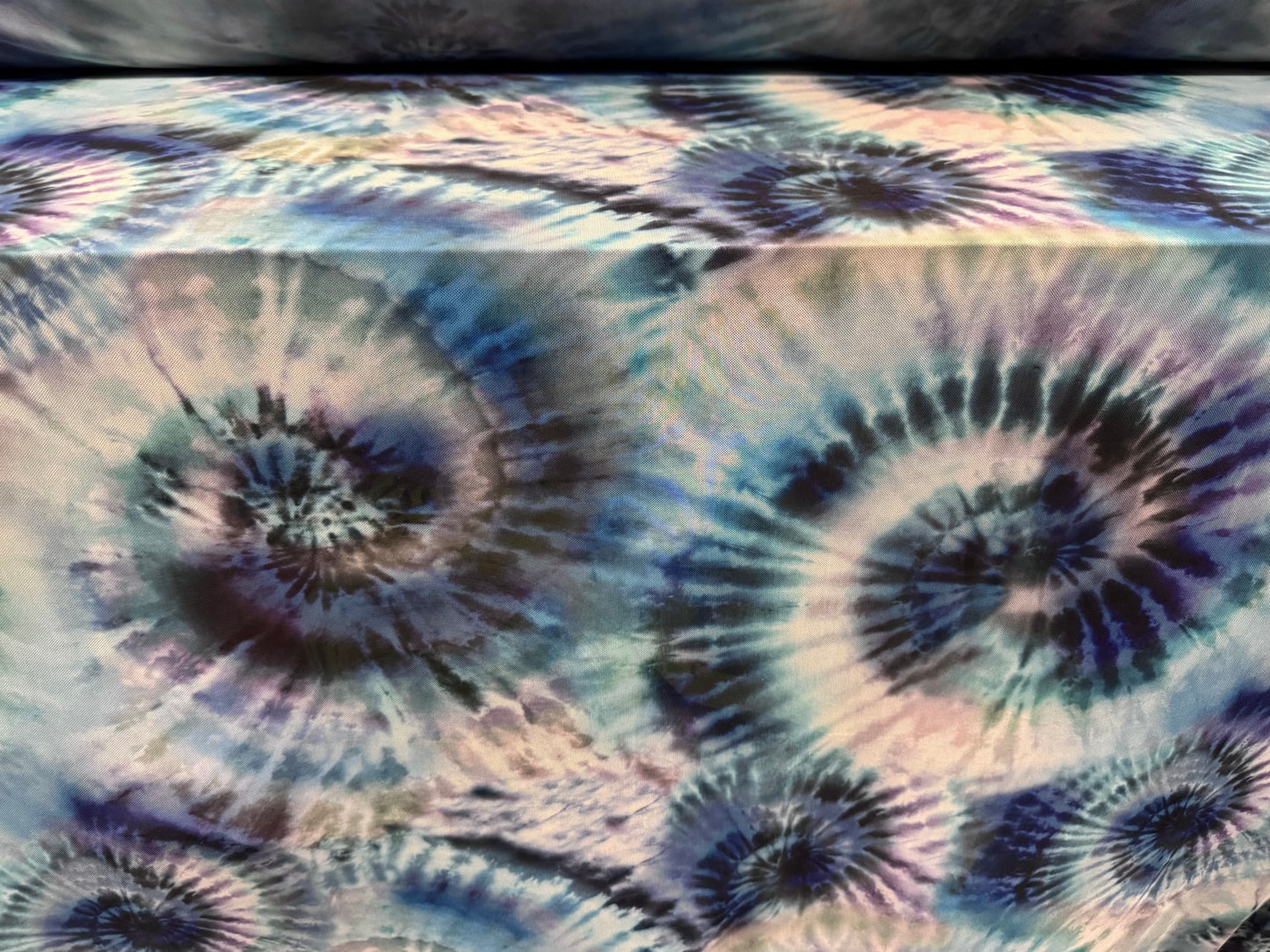 Power mesh net stretch spandex fabric, per metre - tie dye swirl print - turquoise blue & jade