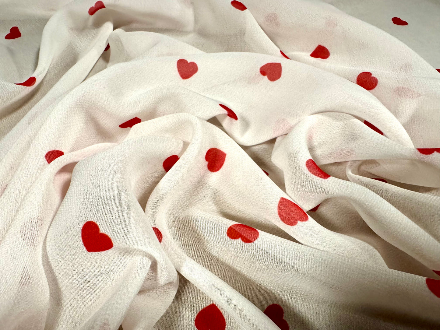Georgette woven dress blouse fabric, per metre - love heart print - ivory & red