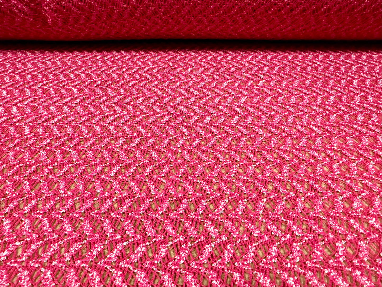 Soft crochet knit fabric, per metre - abstract pattern - cerise pink melange