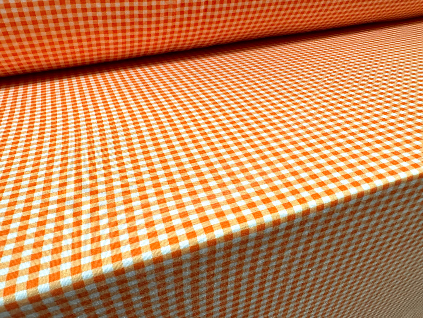Stretch spandex interlock jersey fabric, per metre - gingham print - orange & white