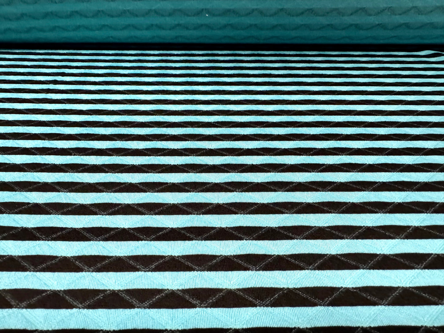 Double jersey stretch fashion fabric, per metre- mock quilted stripe - turquoise blue & black