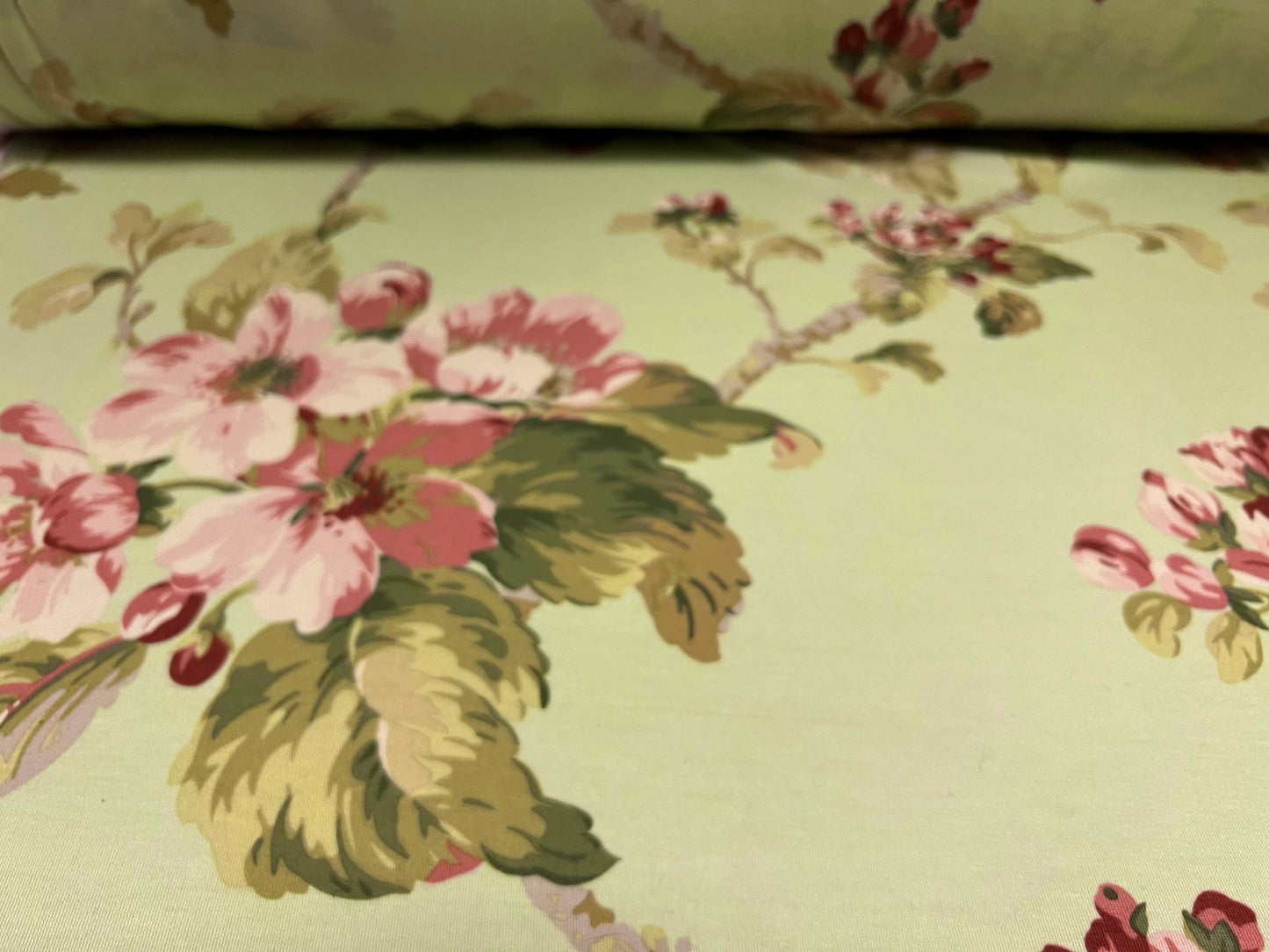 Soft handle stretch single jersey fabric, per metre - rambling rose flower print - green & pink