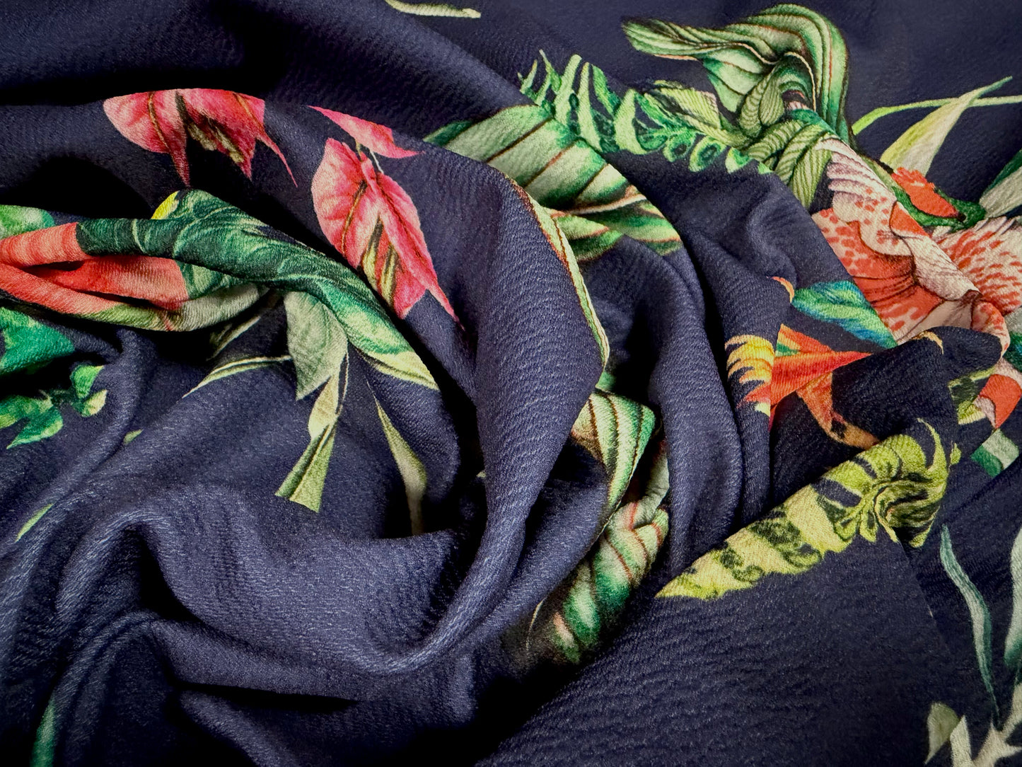 Liverpool textured scuba stretch double jersey fabric, per metre - lily bouquet print - navy blue