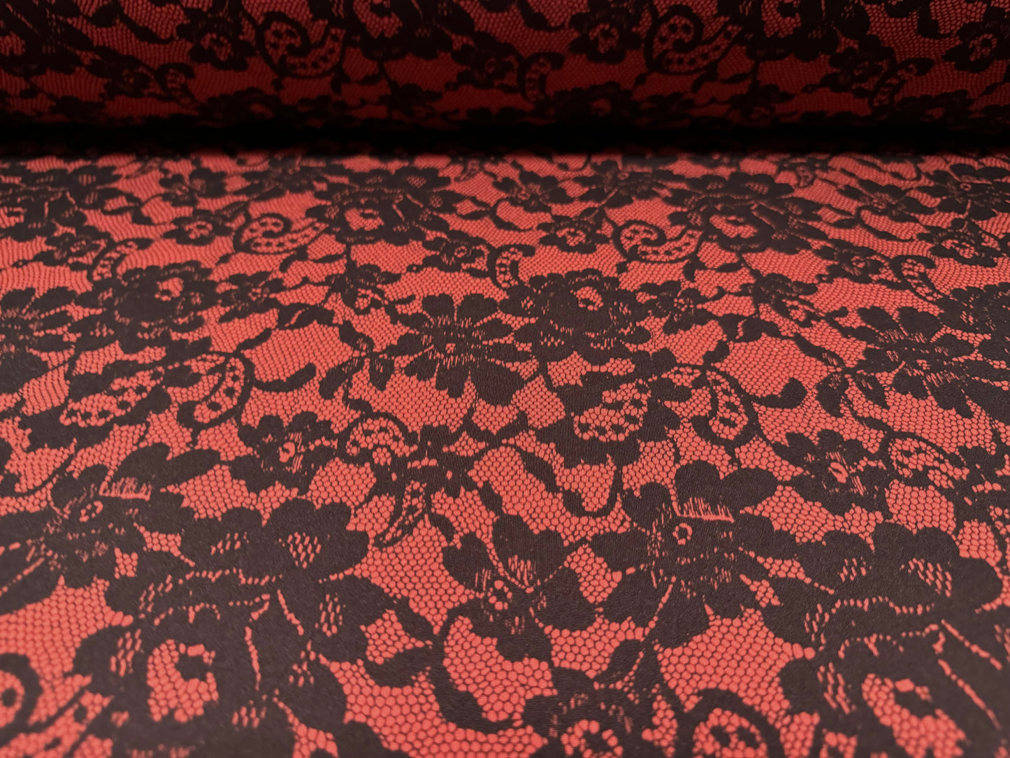 Valentino crepe spandex jersey fabric - similar to scuba - per metre - lace print - rust & black