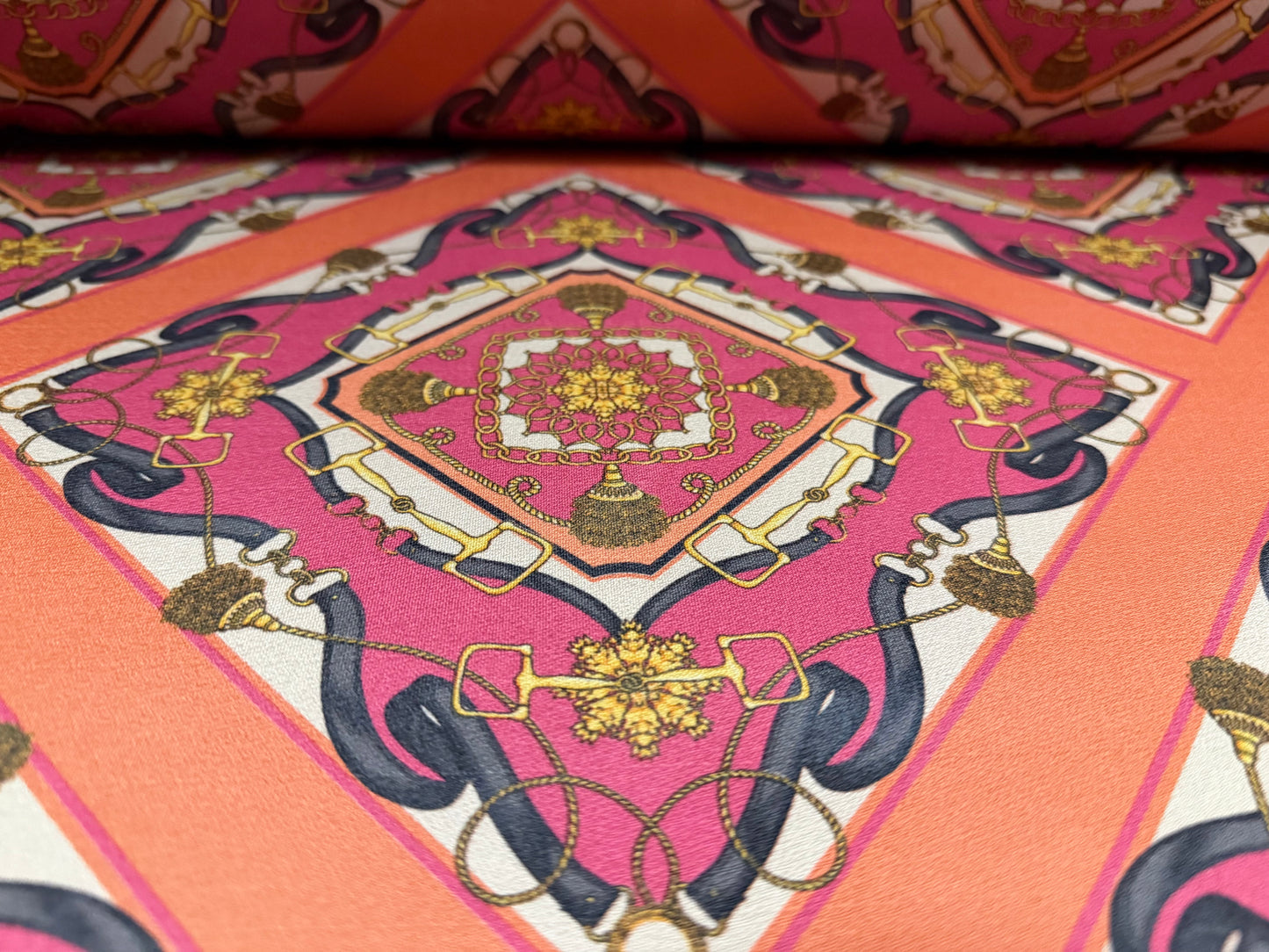 Stretch spandex crepe jersey fabric, per metre - designer quatrefoil print - pink & orange