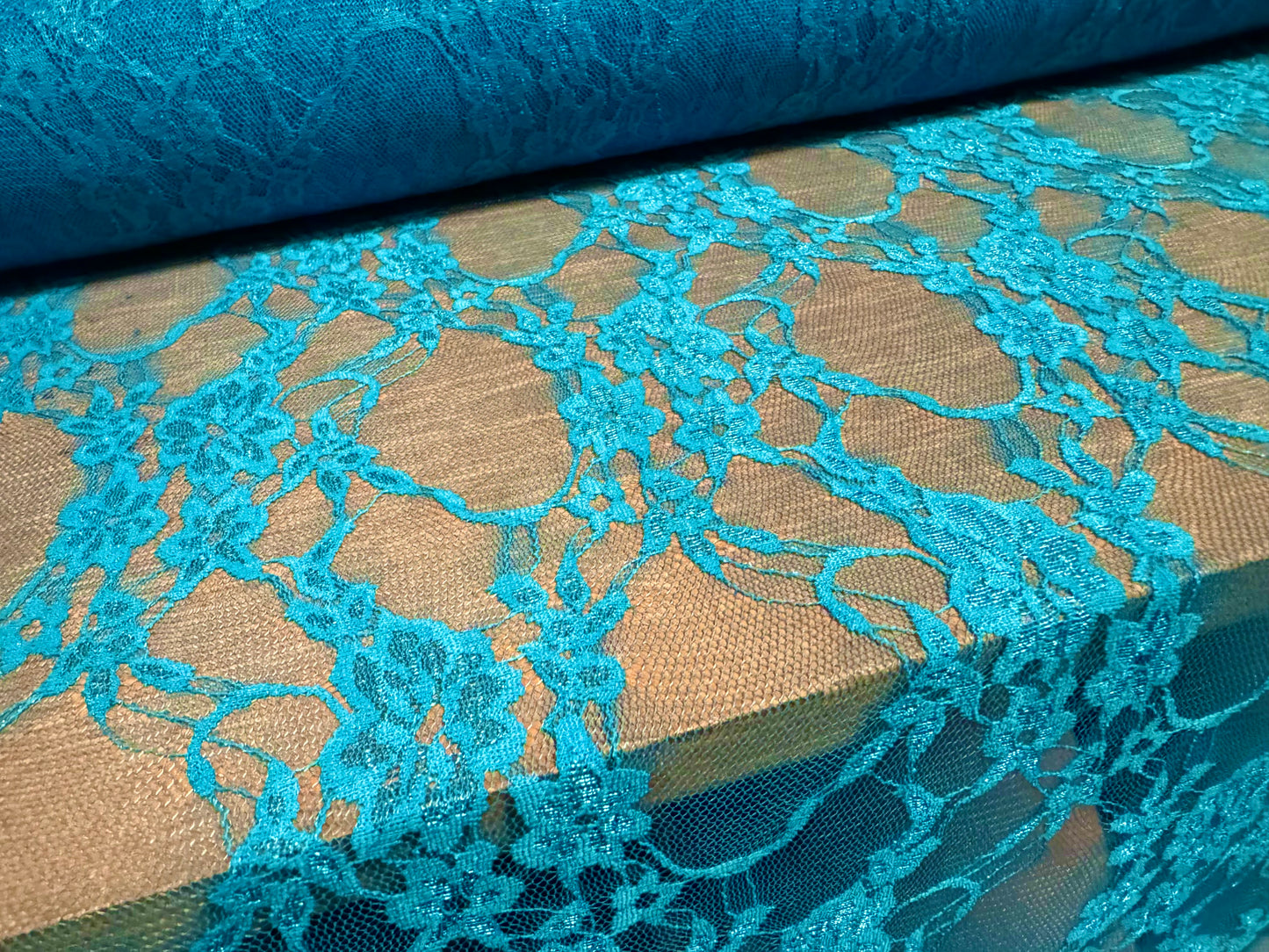 Stretch spandex mesh lace net fabric, per metre - floral pattern - turquoise blue