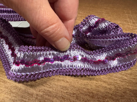 Embroidered edging trim fabric with sequins, per metre - violet