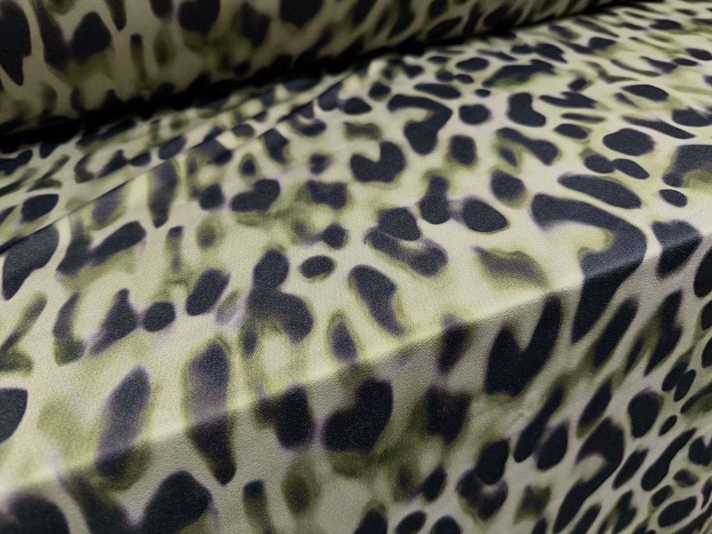 Stretch spandex crepe jersey fabric, per metre - leopard print - sage green & grey
