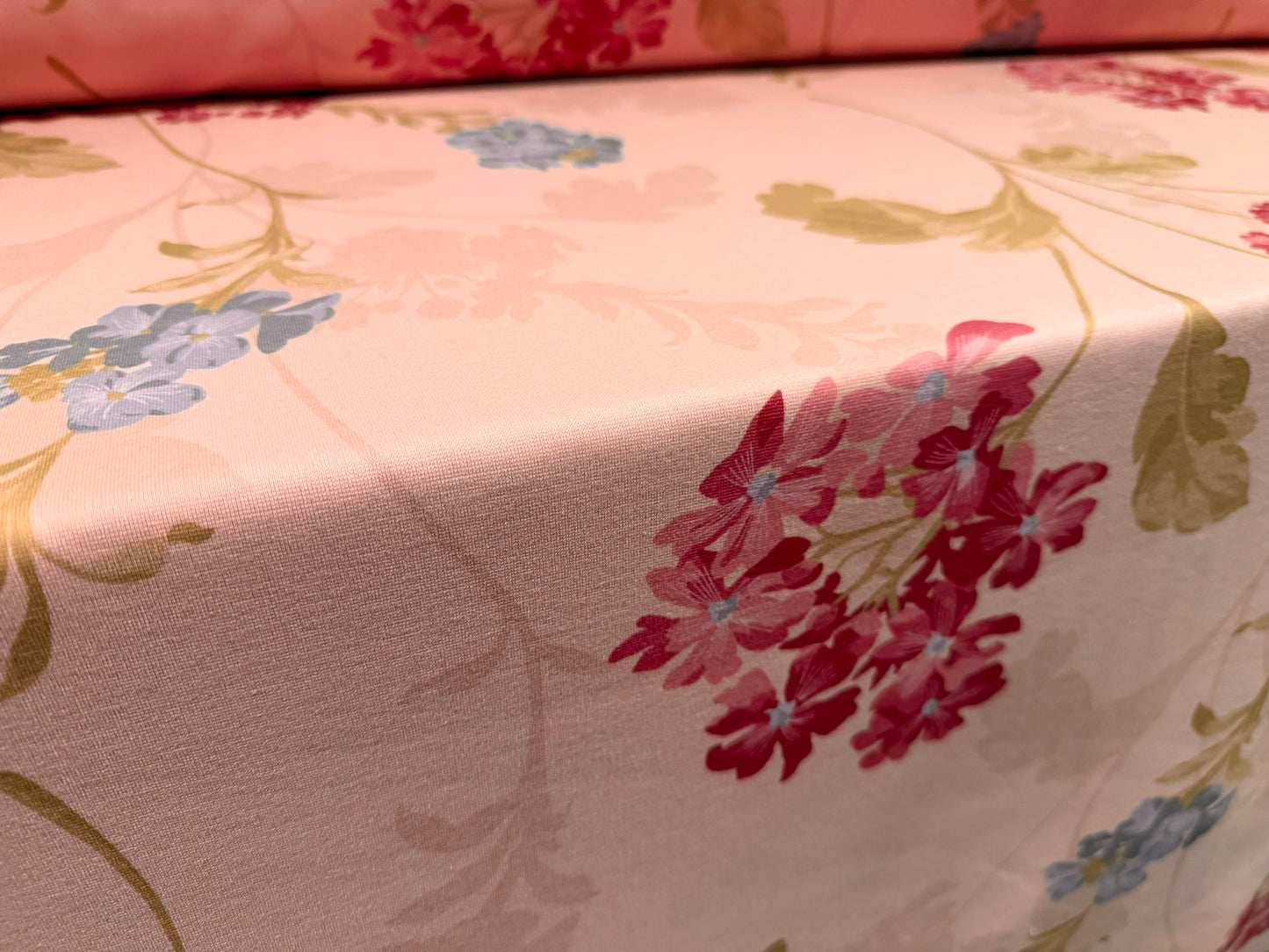 Scuba stretch spandex double jersey fabric, per metre - delphinium flower print - pink