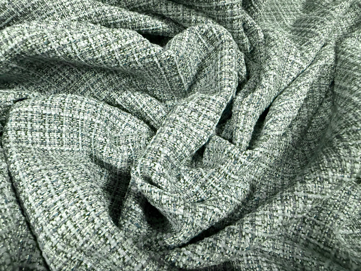 Metallic wool tweed fabric, per metre - check - aqua & silver