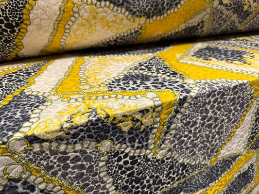 Stretch spandex jersey jacquard fabric, per metre - leopardskin & chains print - cream & lemon