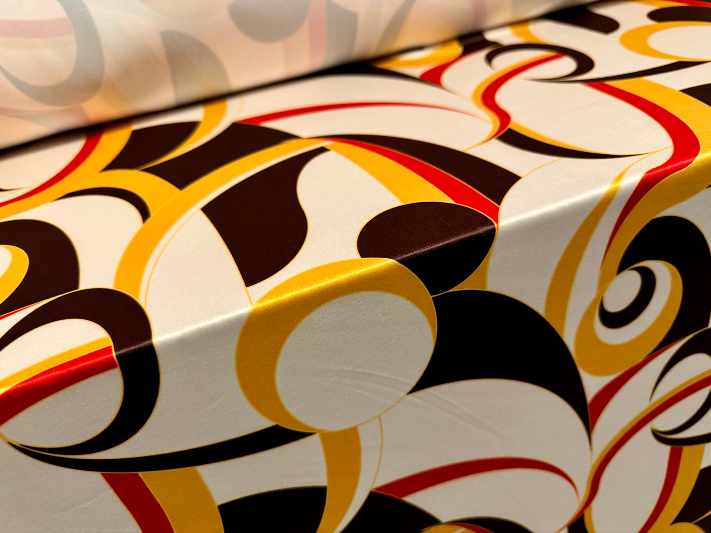 Soft touch stretch spandex single jersey fabric, per metre - 60s Soho Chic print - cream gold & red