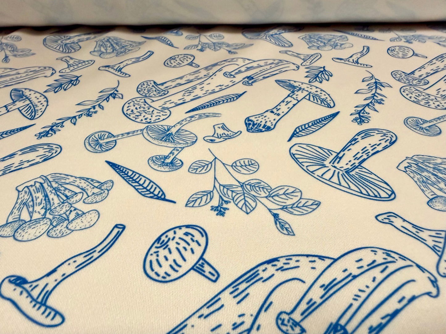 Scuba stretch spandex double jersey fabric, per metre - mushroom print - cream & blue