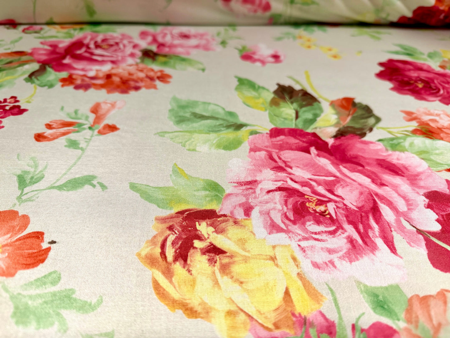 Soft touch stretch spandex single jersey fabric, per metre - vintage rose floral print - pistachio cream & pink