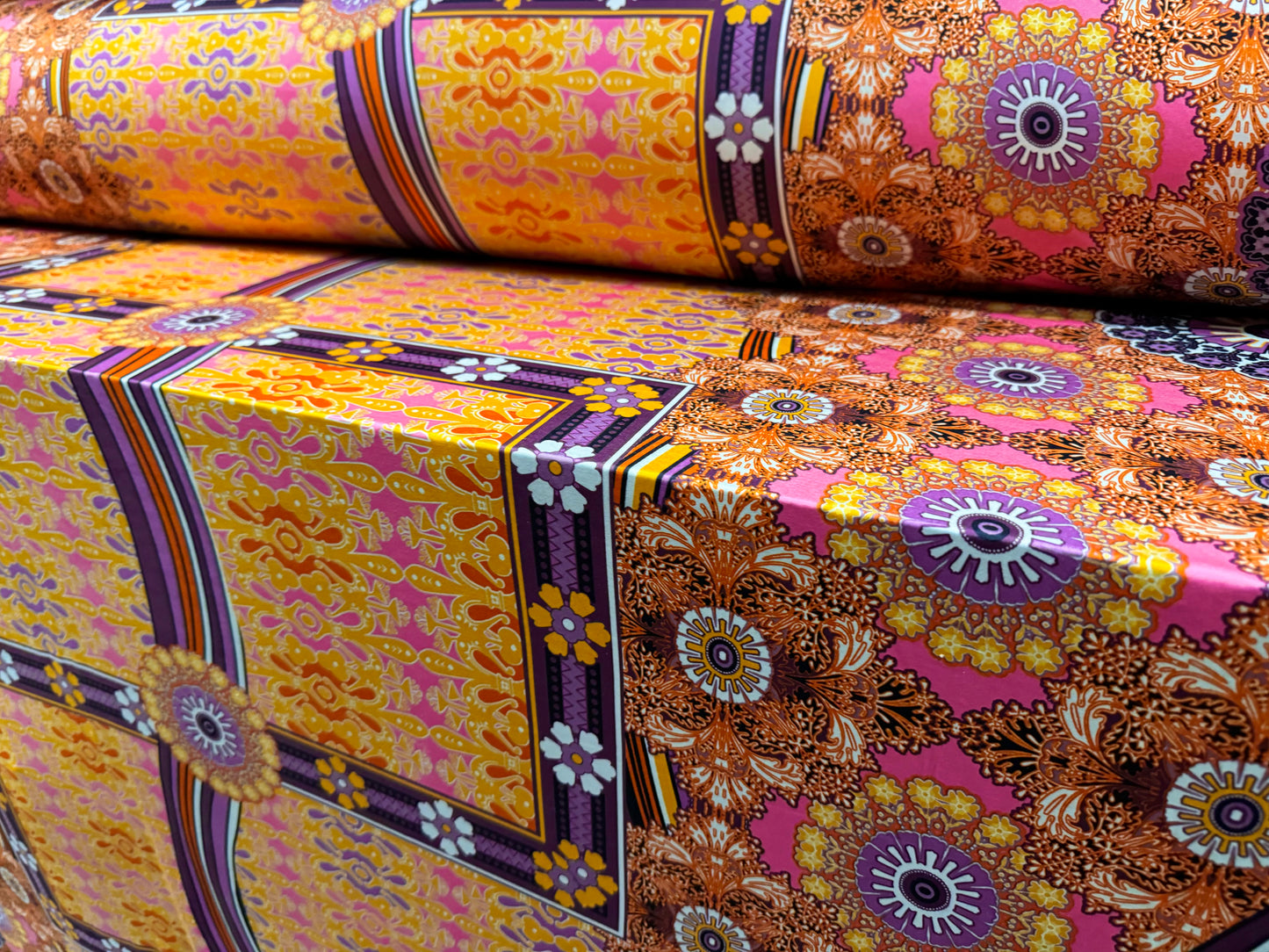 Soft touch stretch spandex single jersey fabric, per metre - retro floral print - orange & purple