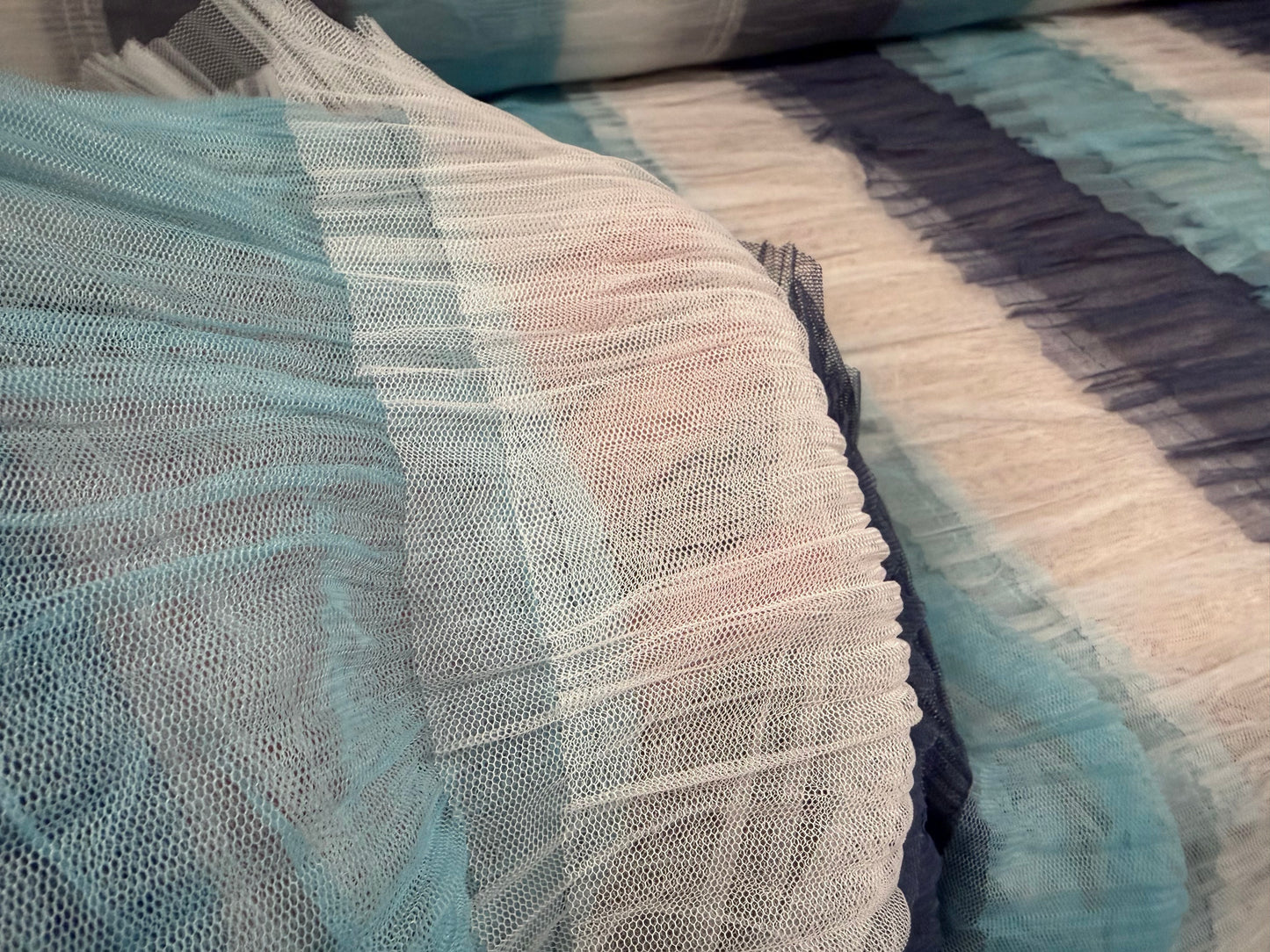 Layered tulle mesh net fabric, per metre - stripe - navy, sky blue & white