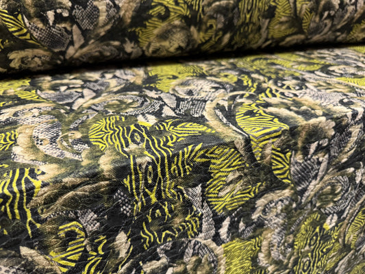 Stretch spandex jersey jacquard fabric, per metre - snakeskin and flowers print - khaki & lime green