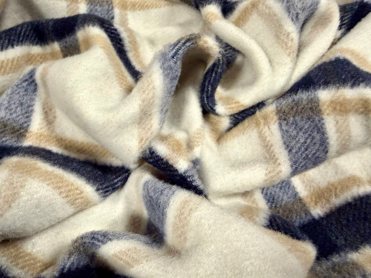 Wool flannel fabric, per metre - plaid check - ivory & slate