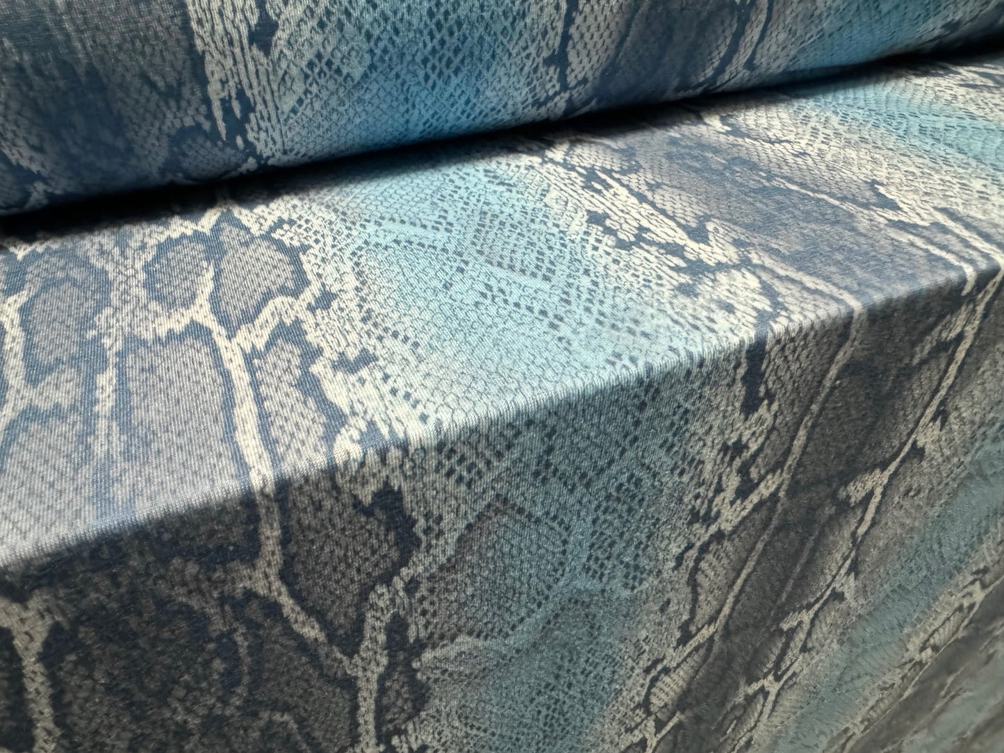 Soft handle single jersey fabric, per metre - snakeskin animal print - blue