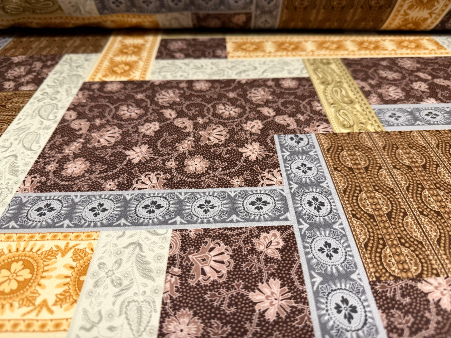 Valentino crepe stretch spandex jersey fabric, per metre - paisley collage print - maroon & brown