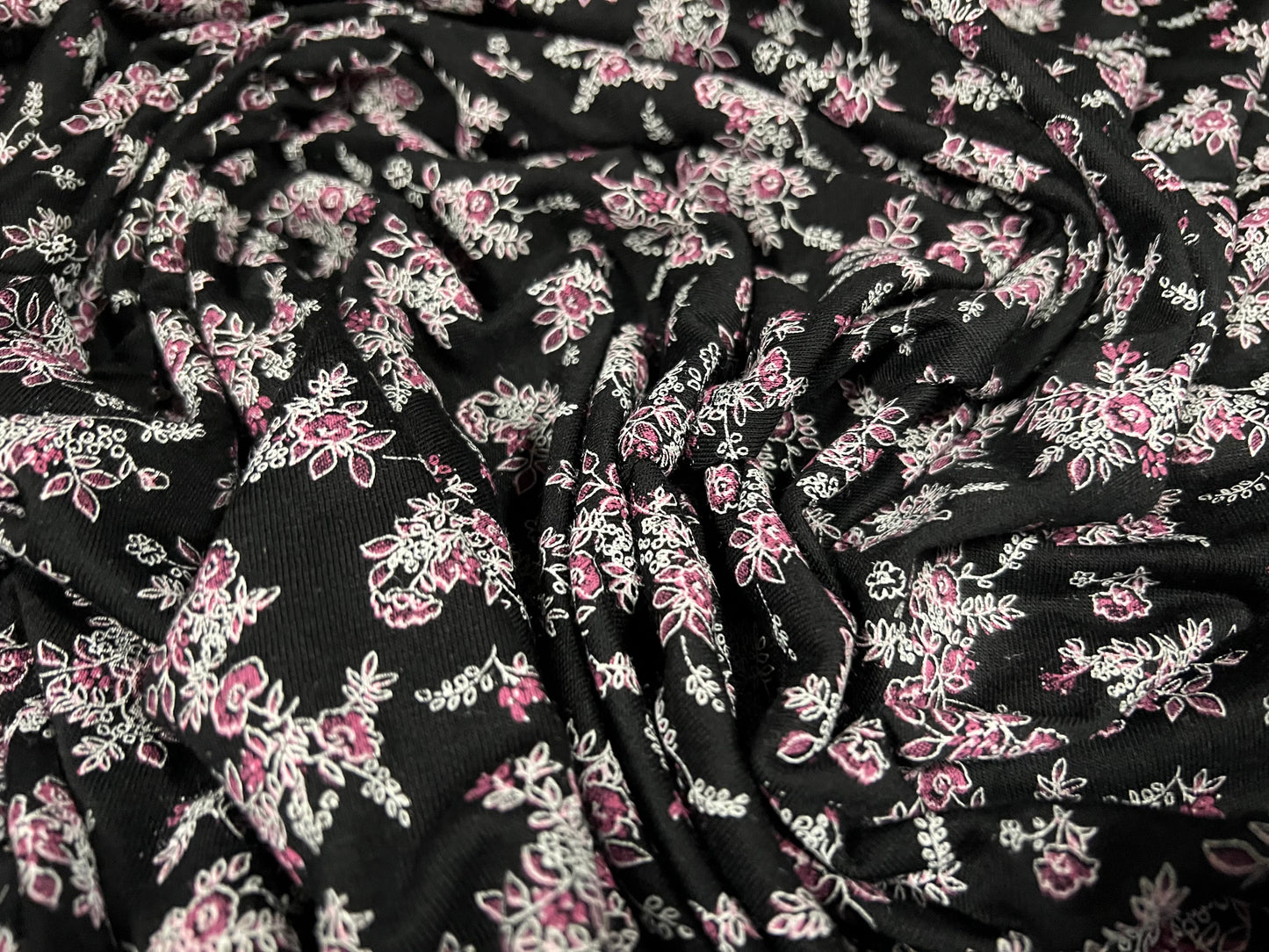 Viscose spandex stretch single jersey fabric, per metre - floral bouquet print - black & pink