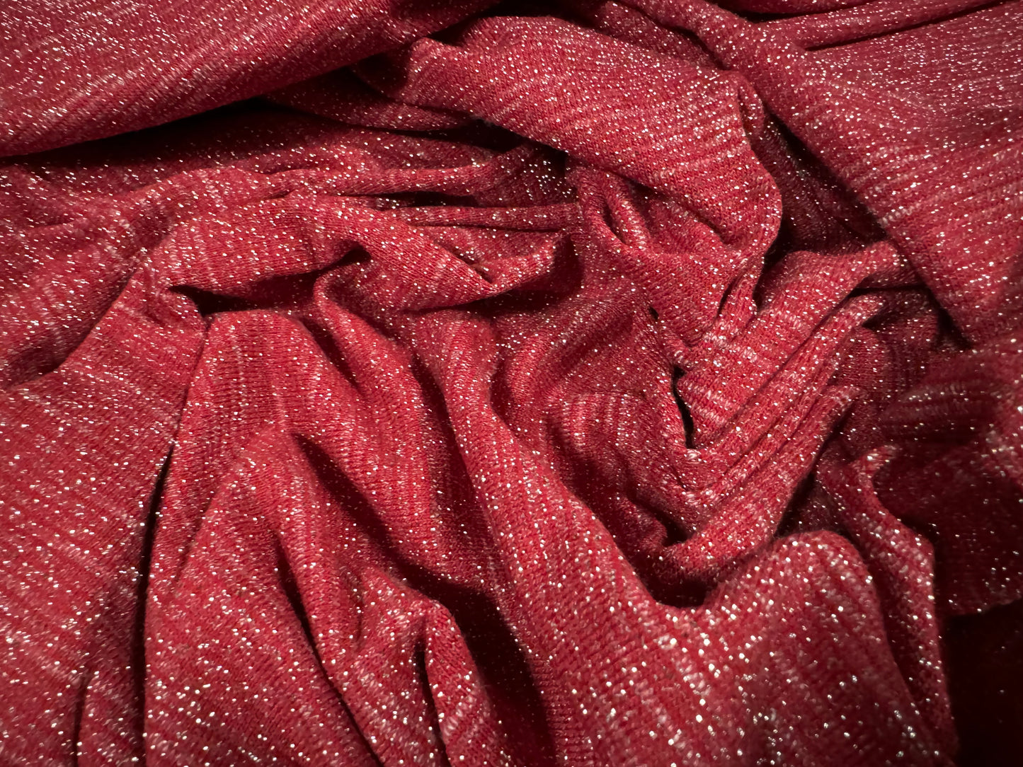 Super stretch metallic sparkle single jersey fashion fabric, per metre - dual face - red & silver lurex