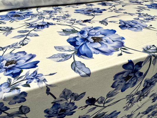 ITY stretch spandex single jersey fabric, per metre - rose print - blue & white