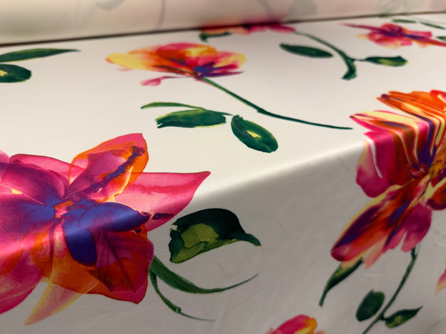 Scuba stretch spandex double jersey fabric, per metre - flower print - white & magenta