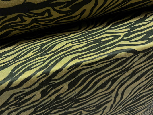 French Terry loopback sweatshirt jersey fabric, per metre - zebra animal print - khaki & black