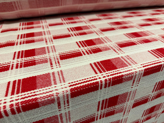 Metallic wool fabric, per metre - lurex check - red ivory & silver