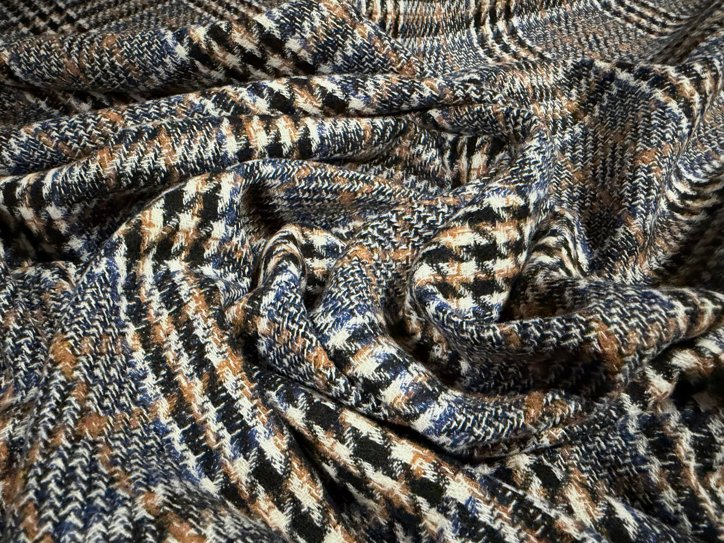 Wool flannel fabric, per metre - tartan check - denim blue & brown
