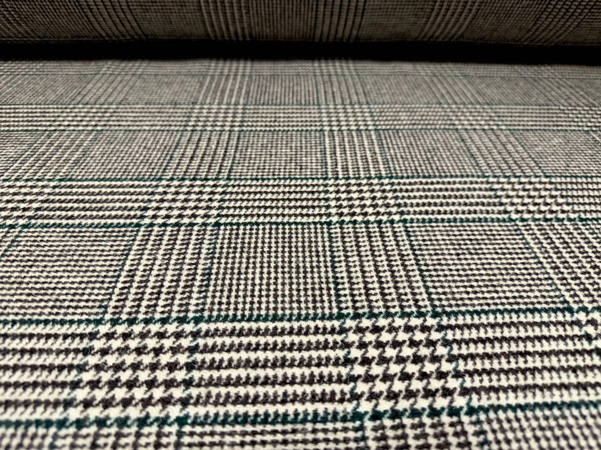 Wool flannel fabric, per metre - Prince Of Wales check - black white & emerald green