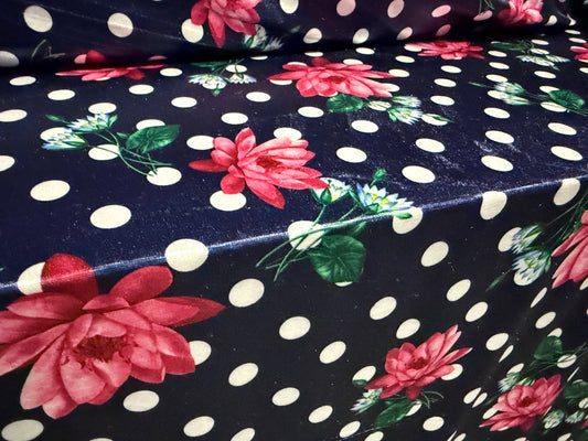 Short pile velour fabric, per metre - polka dot floral print - navy blue