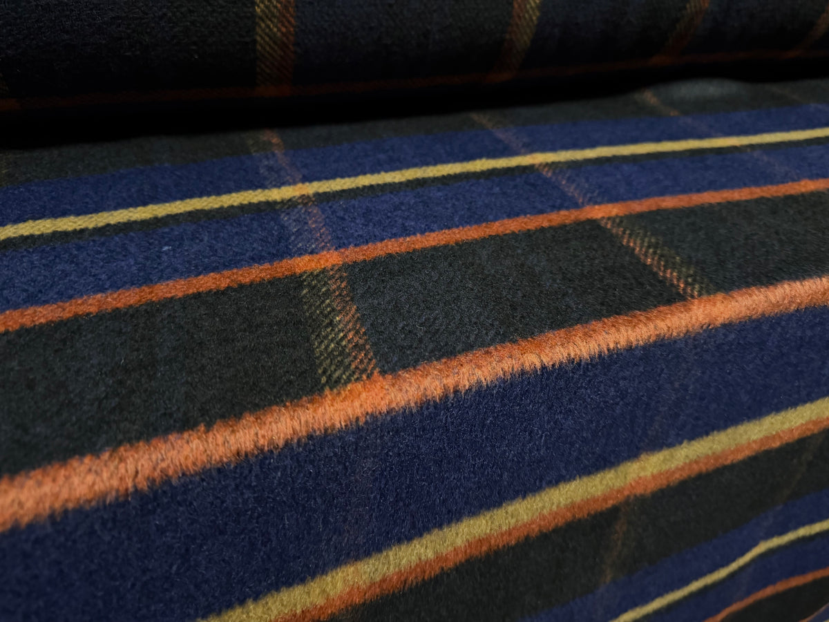 Soft wool flannel fabric, per metre - check - navy & burnt orange