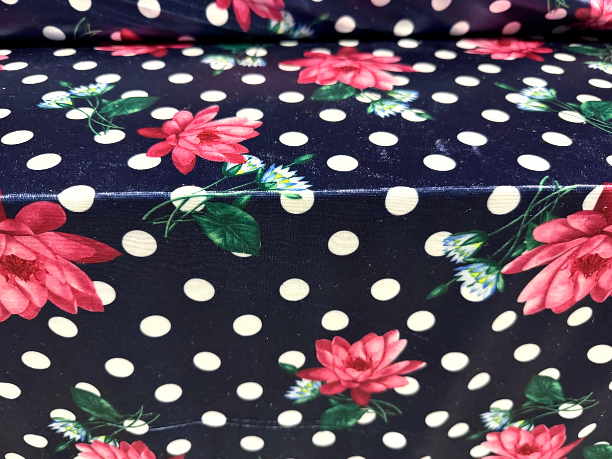 Short pile velour fabric, per metre - polka dot floral print - navy blue