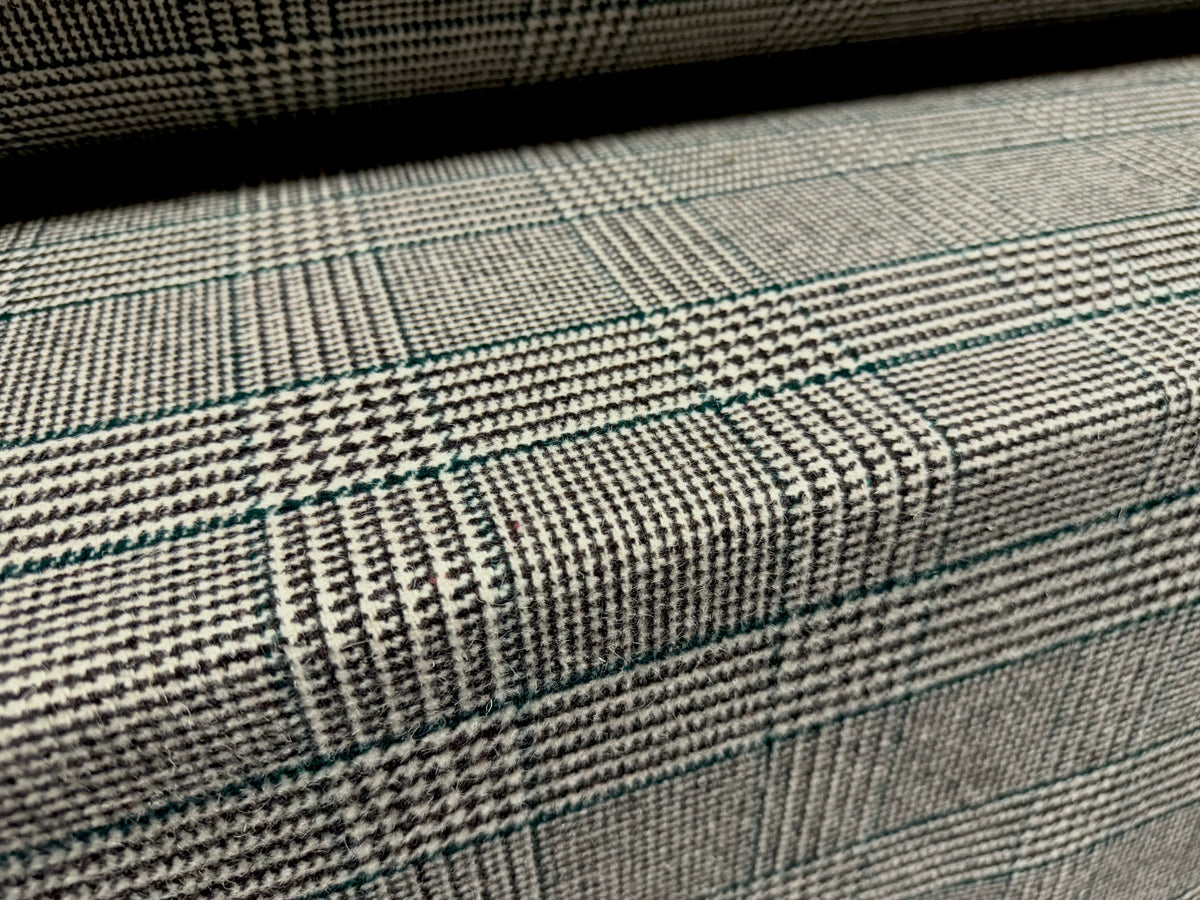Wool flannel fabric, per metre - Prince Of Wales check - black white & emerald green