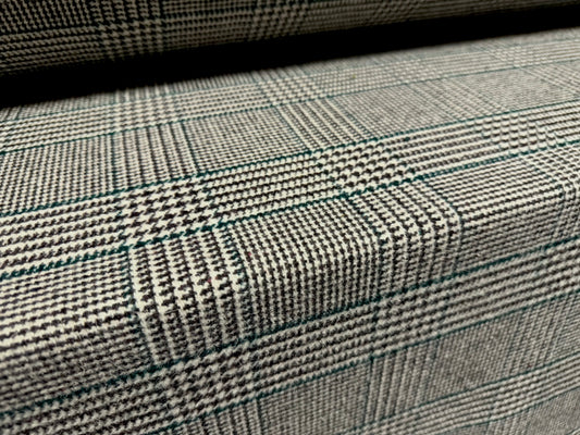 Wool flannel fabric, per metre - Prince Of Wales check - black white & emerald green