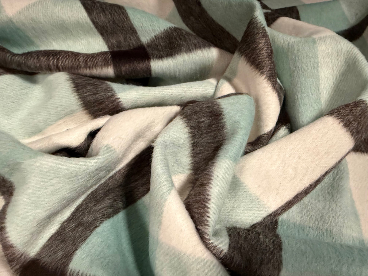 Soft wool flannel fabric, per metre - check - aqua