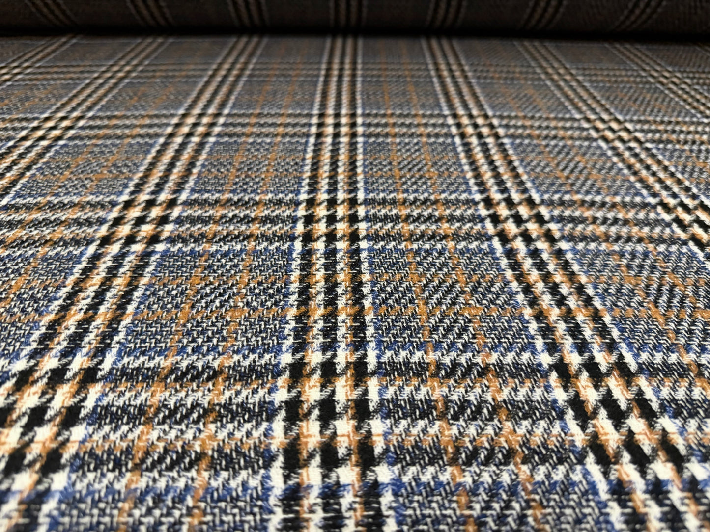 Wool flannel fabric, per metre - tartan check - denim blue & brown