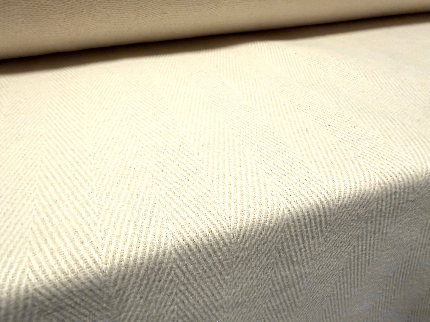 Plastic backed heavyweight wool fabric, per metre - herringbone - cream with silver lurex
