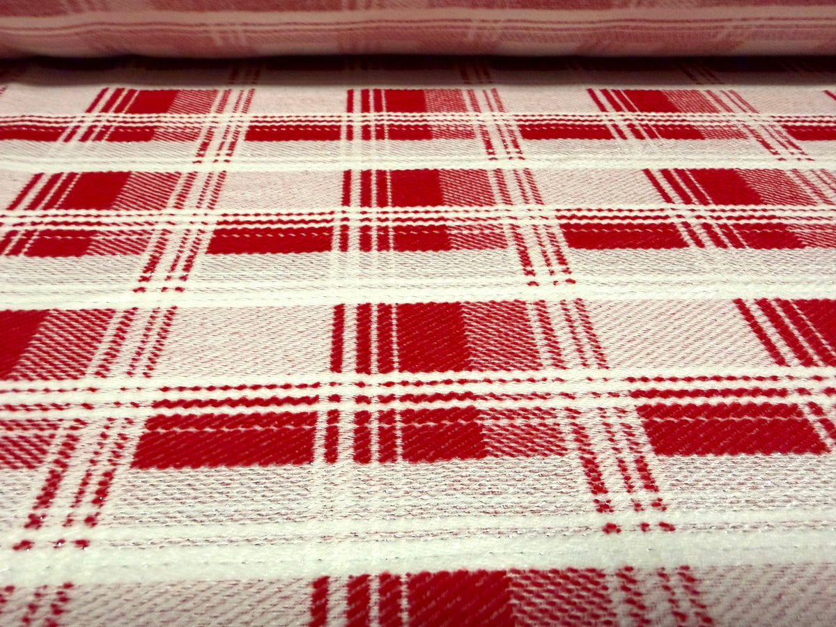 Metallic wool fabric, per metre - lurex check - red ivory & silver