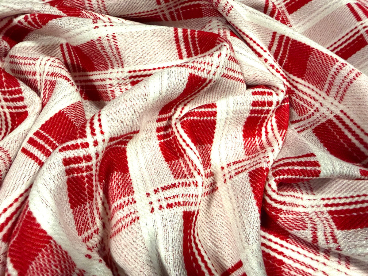 Metallic wool fabric, per metre - lurex check - red ivory & silver