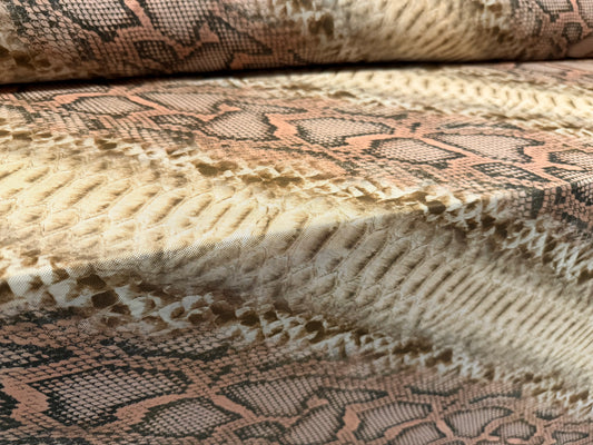 Power mesh net stretch fabric, per metre - crocodile & snake bias print - dusky pink & olive