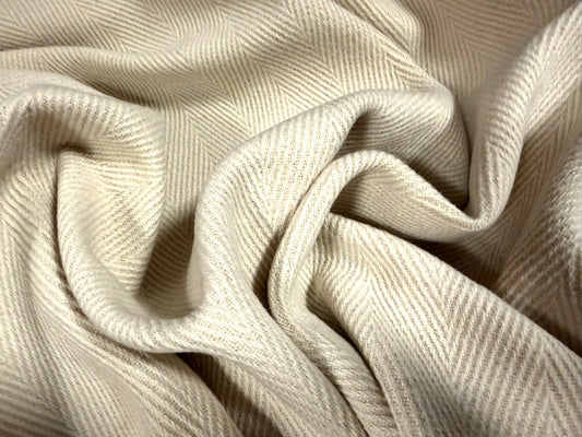 Plastic backed heavyweight wool fabric, per metre - herringbone - cream with silver lurex