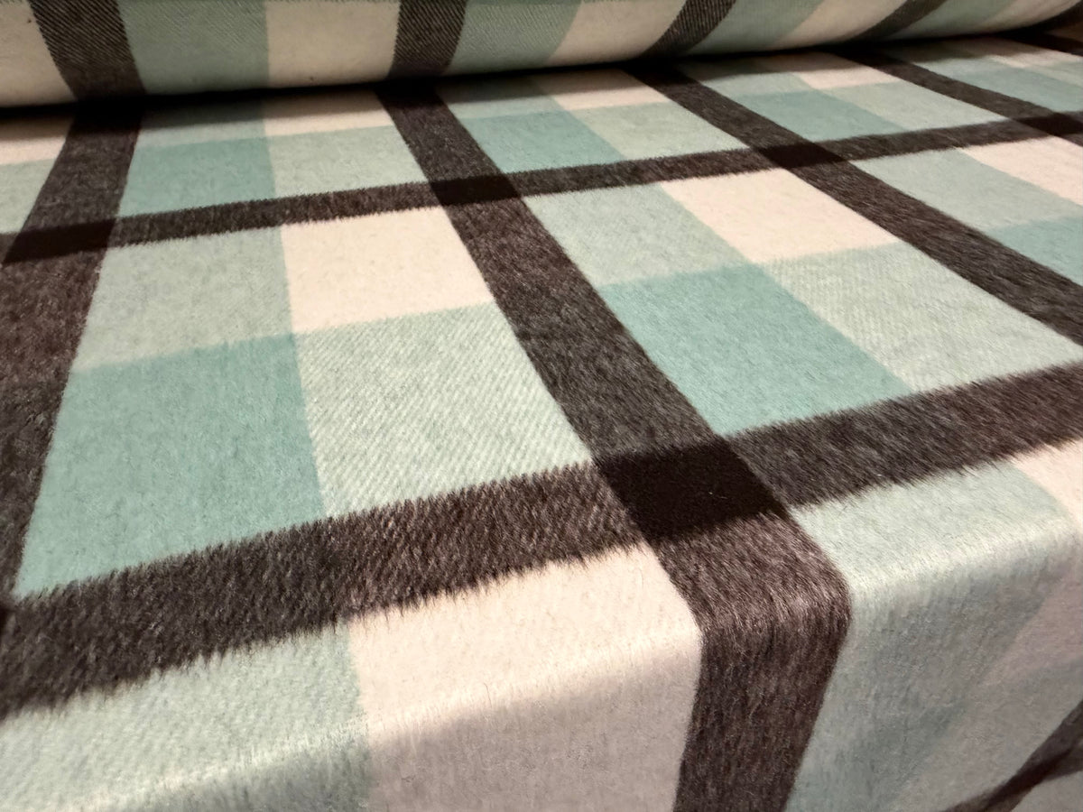 Soft wool flannel fabric, per metre - check - aqua