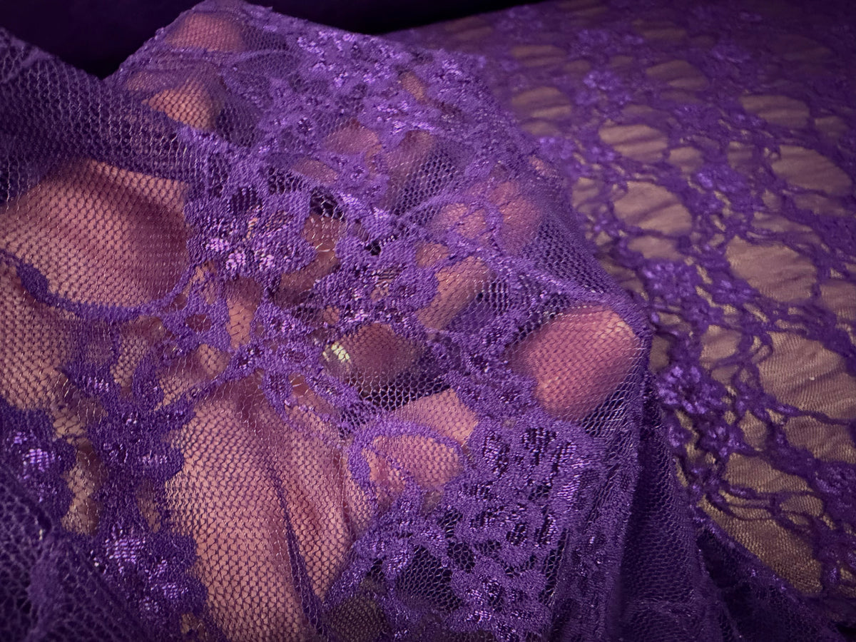 Stretch spandex mesh lace net fabric, per metre - floral - African Violet