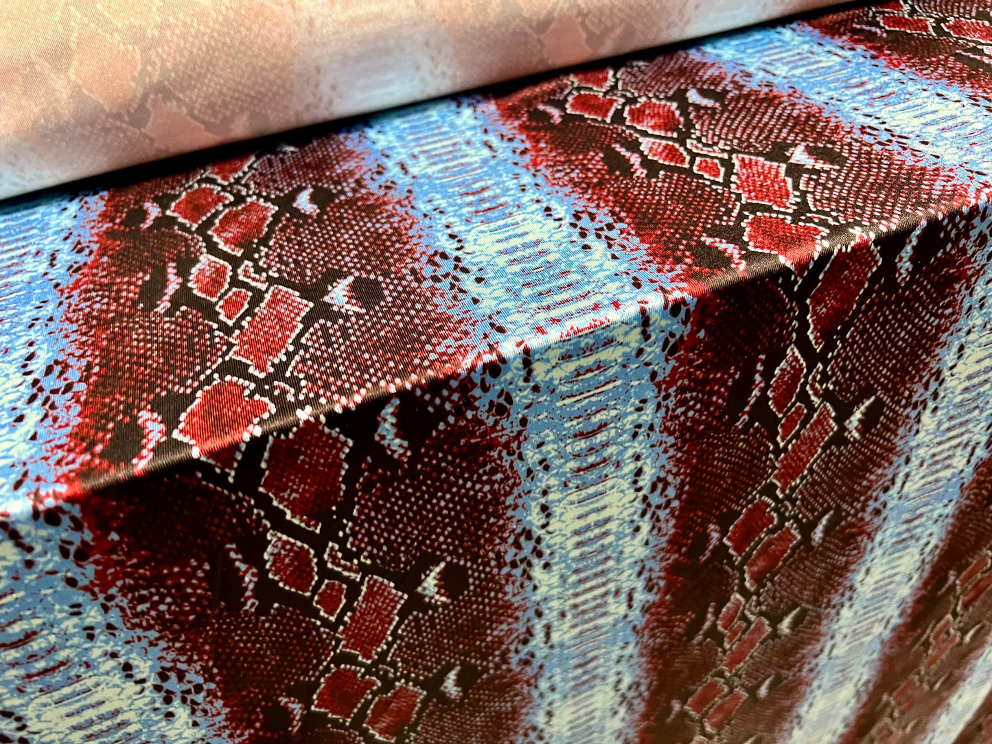 Soft touch stretch spandex single jersey fabric, per metre - snakeskin print - blue & plum